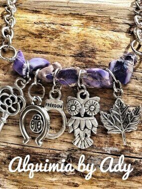 Alquimia Purple Bead Charm Bracelet with Owl, Leaf & Horseshoe Charms
